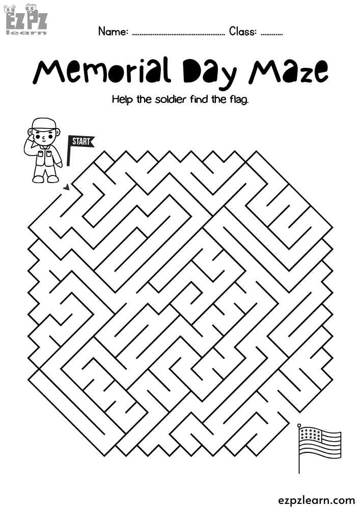 Fun patriotic maze - help the soldier reach the flag in this free PDF printable activity!